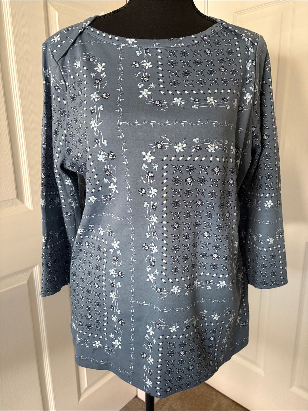 Style & Co. Dusty Blue Floral Patchwork 3/4 Sleeve Top